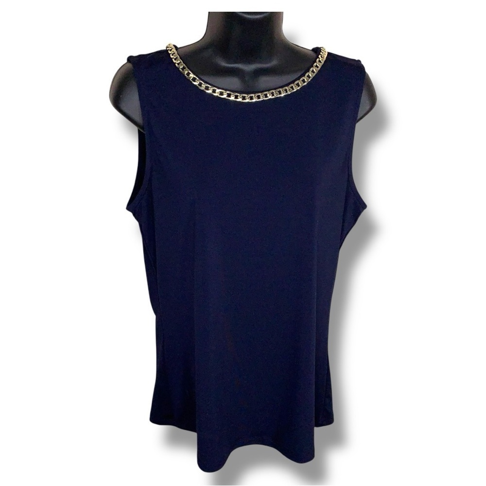 Medium Carmen Marc Valvo Navy Blue Gold Chain Neckline Sleeveless Top